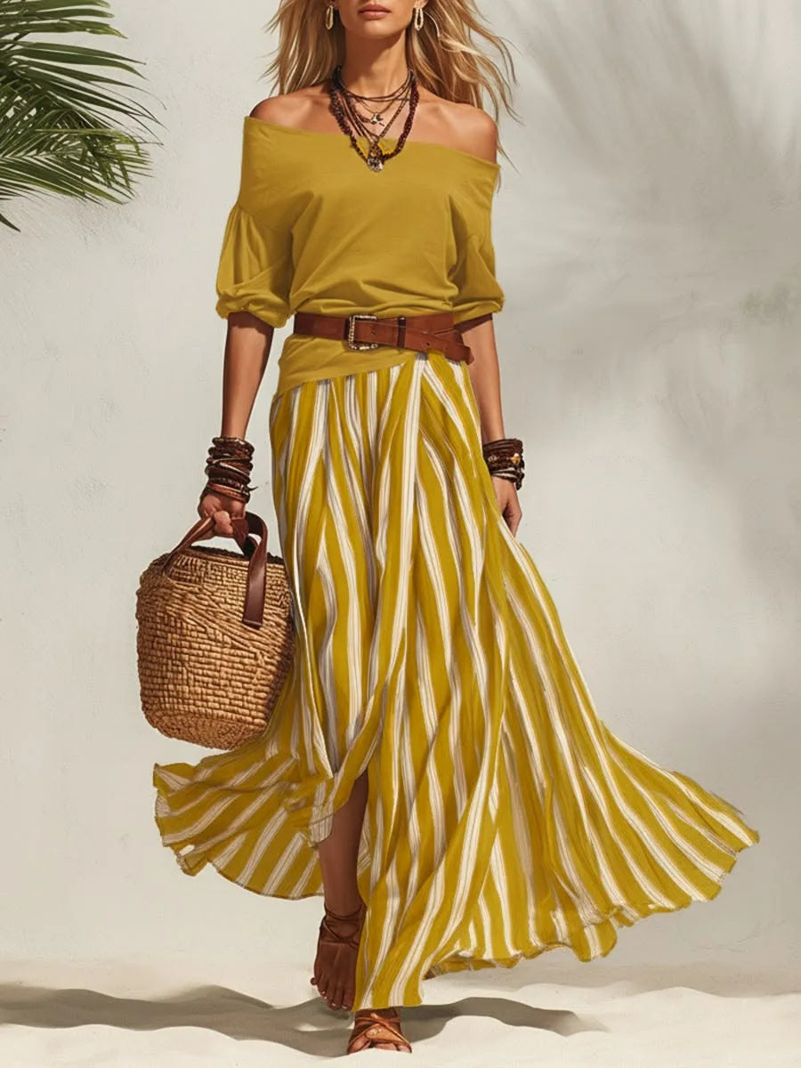 Women's 2-Piece Boho Set – Off-Shoulder Puff Sleeve Top & Vertical Stripe Flowy Maxi Skirt | Casual Vacation Outfit