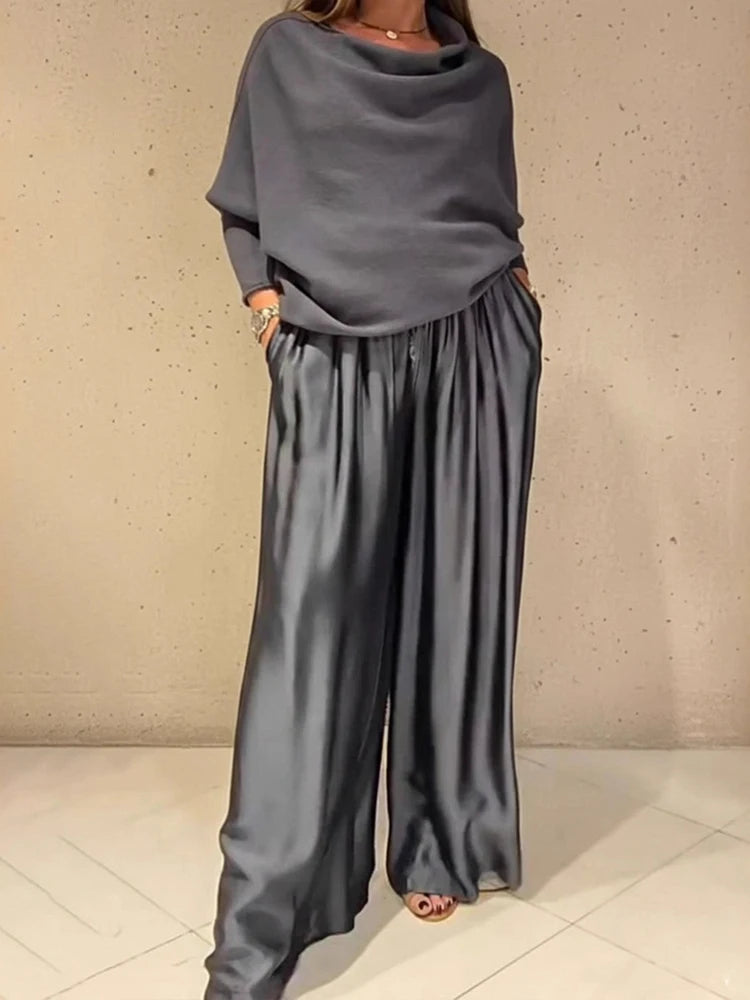 Elegant Slash Collar Off Shoulder Top&Satin Wide Leg Pants Sets Fashion Irregular Solid LADYLYS