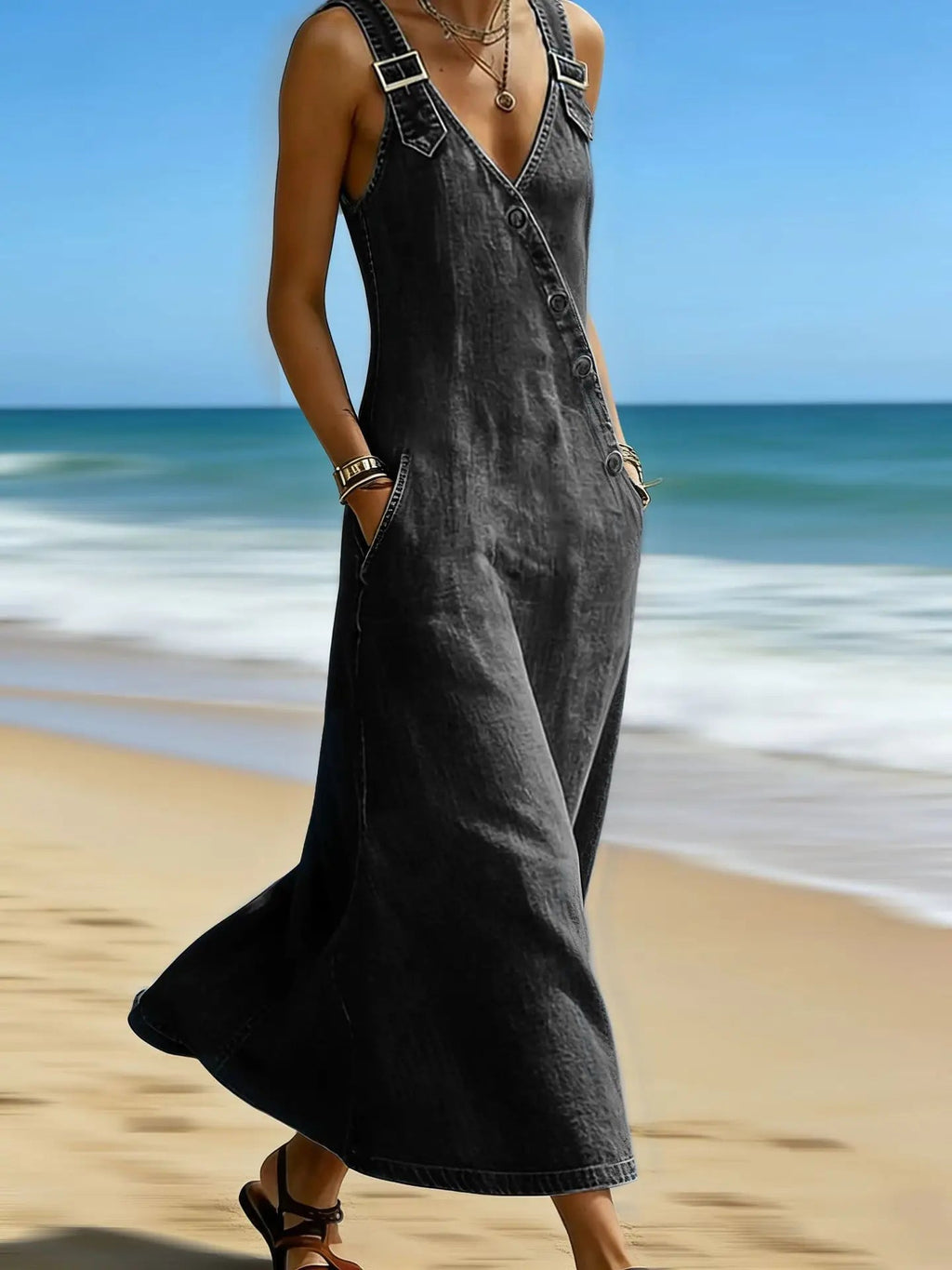 Women Denim Suspender Dress Sleeveless Overall Dresses Distressed Backless V Neck Button Washed Vestidos Summer Sundress A Line LADYLYS
