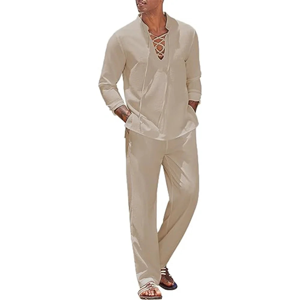 2pcs Set Men's Cotton Linen Shirt and Pants Suits LADYLYS
