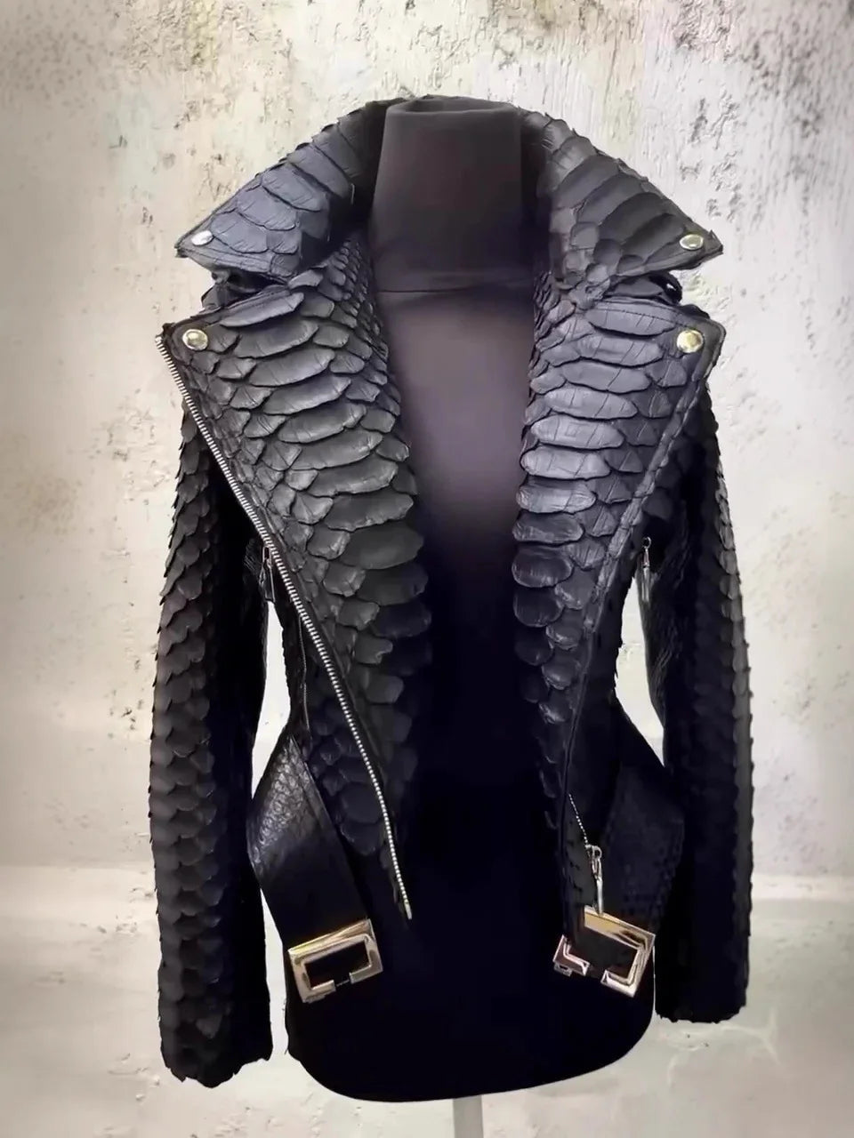 Women's Snakeskin PU Leather Moto Jacket – Zip-Up Biker Jacket