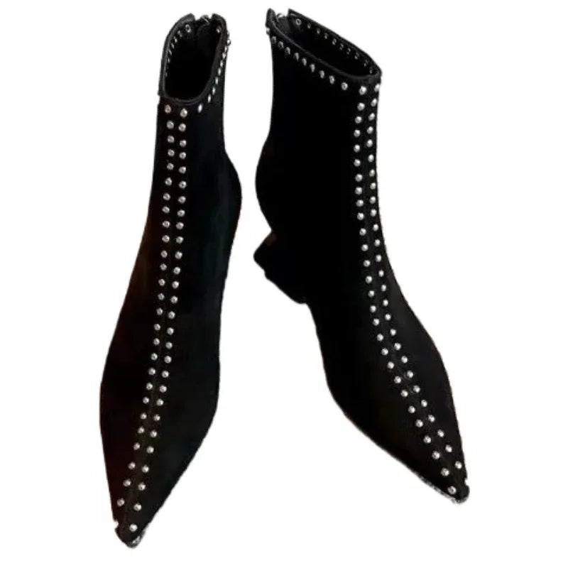 Women's Pointed Toe Ankle Boots – 7cm Square Heel, French Style Winter Boots