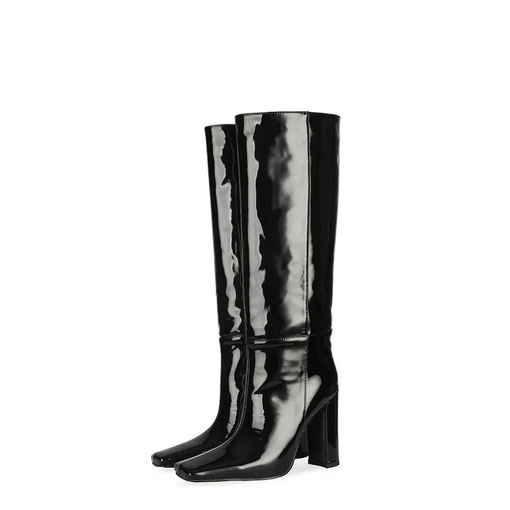 Women's Patent Leather Knee-High Boots – Thick Square Heel Slip-On Winter Boots in 21 Colours