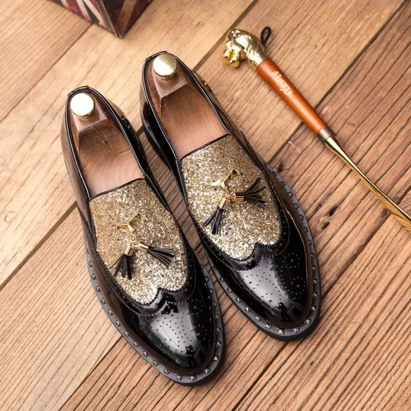 Men's Sequin Loafers in Black & Black Gold