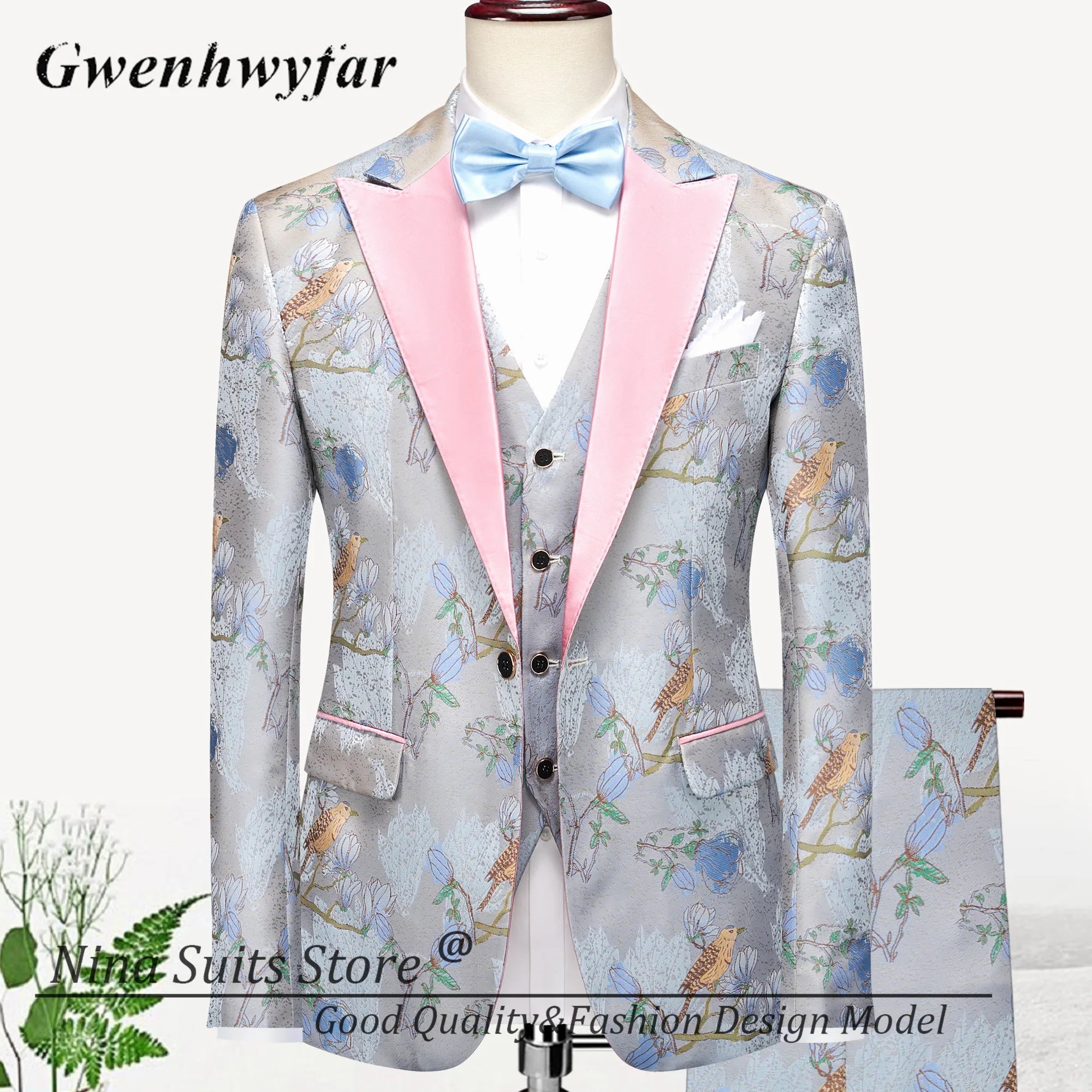 Men Suits Cashew Flower Jacquard Tuxedos Groom Wear Formal Party Suit LADYLYS