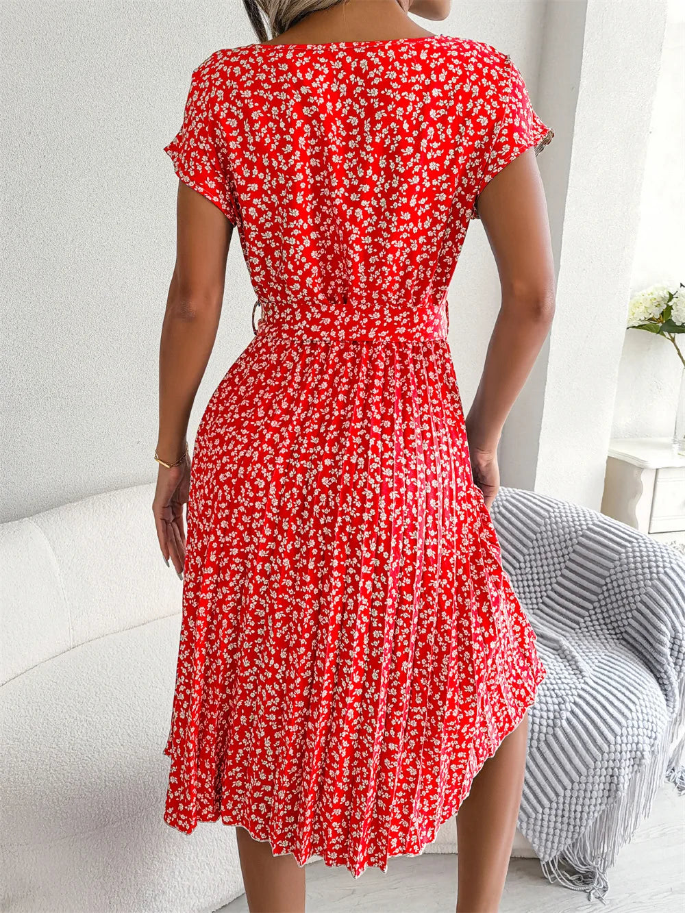 Summer Short Sleeve High Waist Chic Dress Fashion Floral Pleated A Line Long Dress LADYLYS