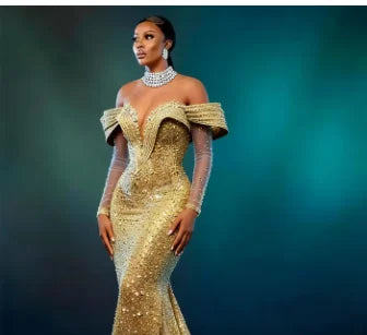 Aso Ebi Luxury Silver Lace Beaded Evening Dresses LADYLYS