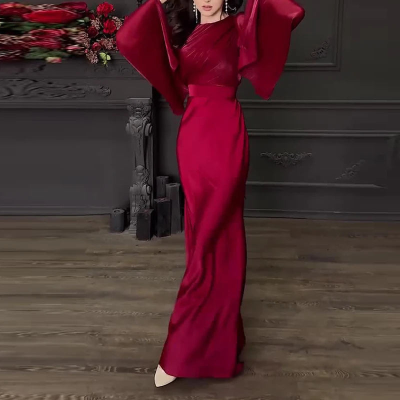 Women's Satin Long Dress – High-Waisted Slim Fit, Long Sleeve, Ankle-Length