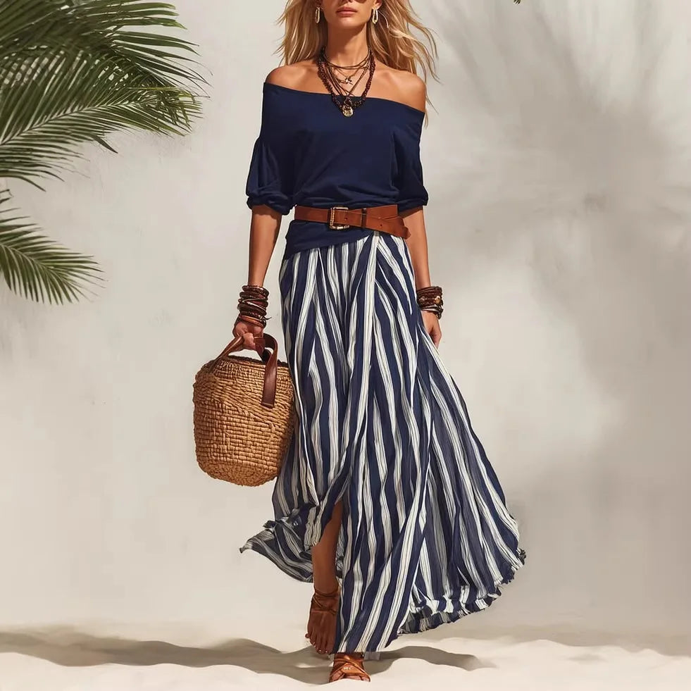 Women's 2-Piece Boho Set – Off-Shoulder Puff Sleeve Top & Vertical Stripe Flowy Maxi Skirt | Casual Vacation Outfit