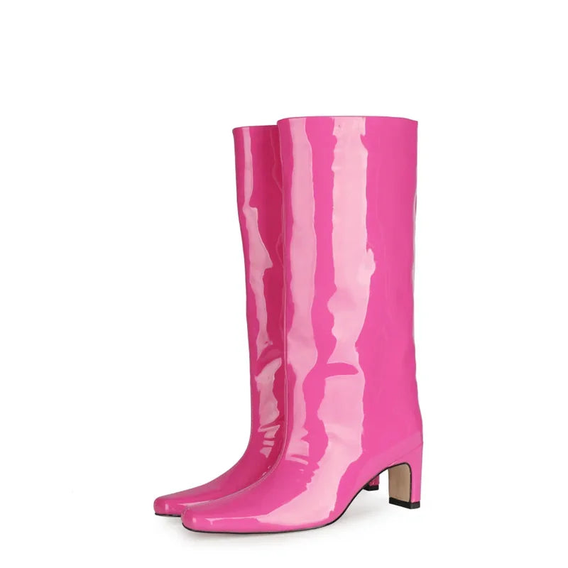 Women's Patent Leather Knee-High Boots – Thick Square Heel Slip-On Winter Boots in 21 Colours