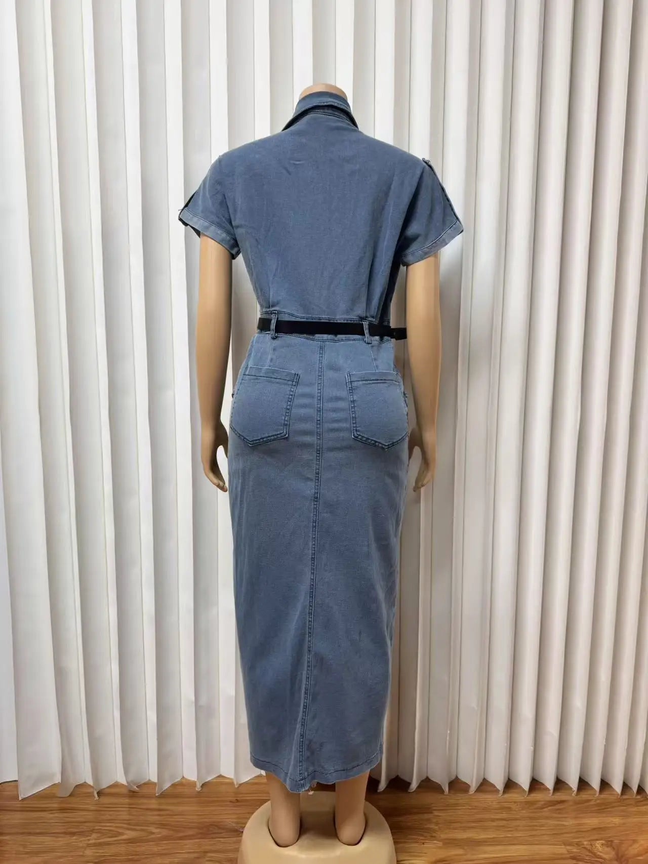 Double-Breasted Denim Dress – Short Sleeve Belted Knee-Length Casual Dress