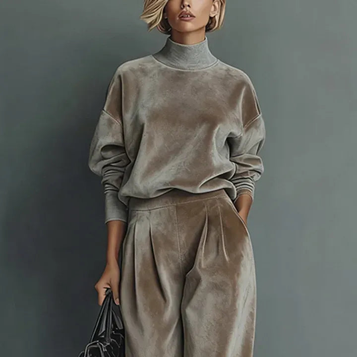 Women's High-Neck Velvet Top & Wide-Leg Trousers Set
