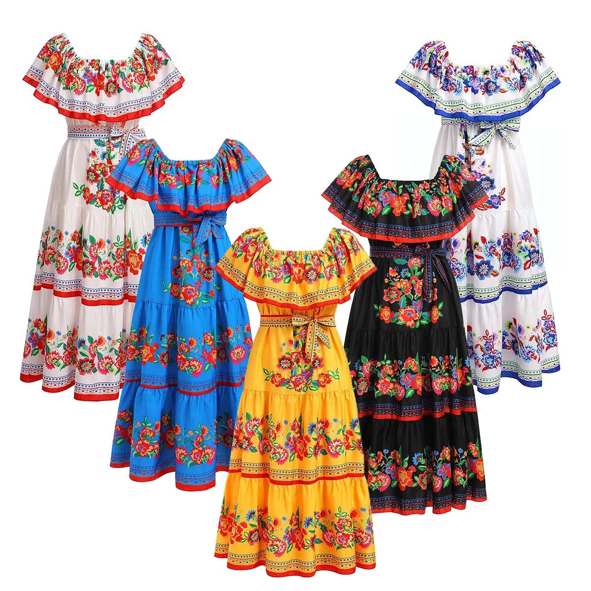 Ethnic Mexican Cinco De Mayo Summer Floral Print Off Shoulder Dress LADYLYS