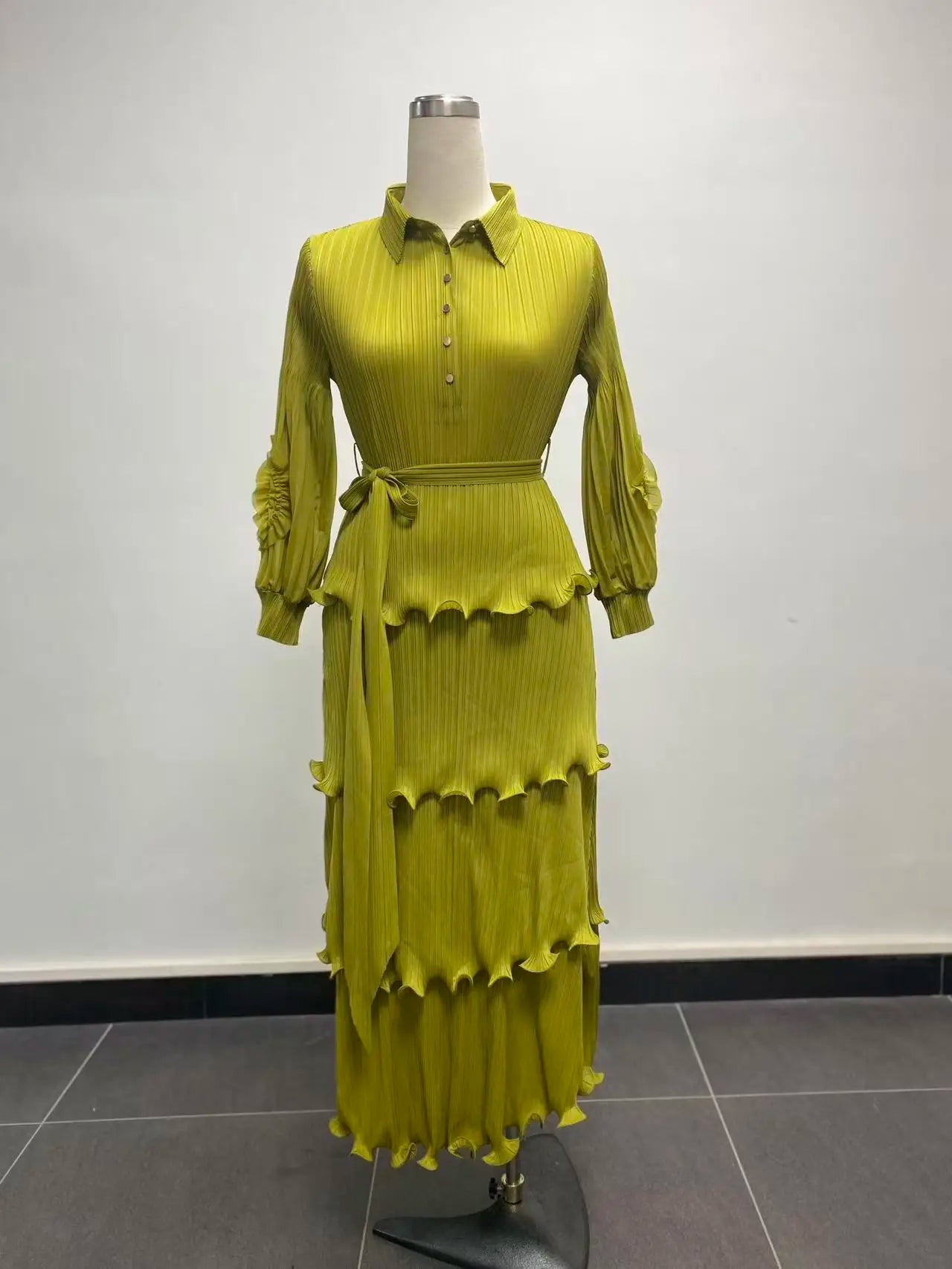 Women's Miyake Pleated Tiered Maxi Dress – Petal Sleeve Belted Long Dress | Elegant African Style