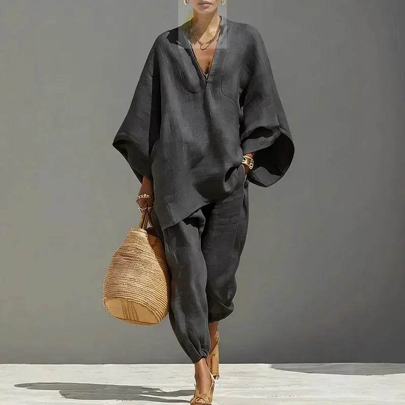 Female Clothing Two Piece Set Spring V Neck Loose Top Pullover & Long Pants Vintage LADYLYS