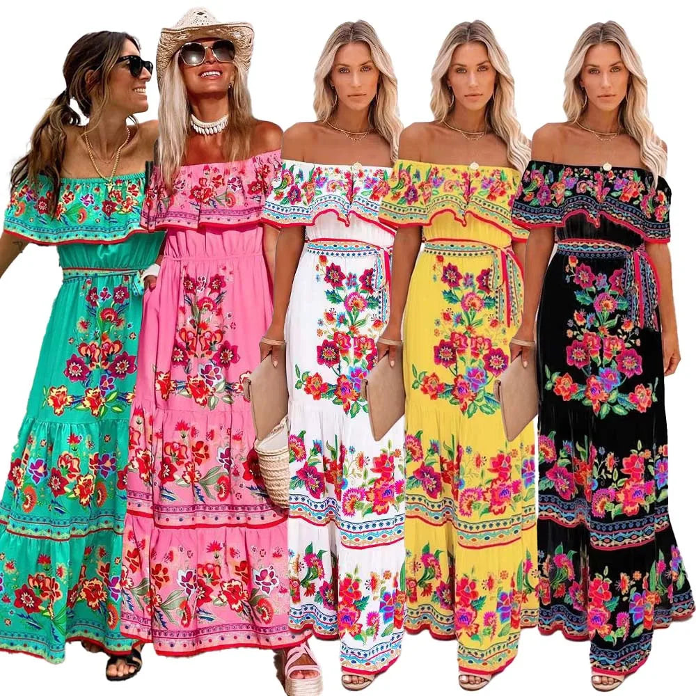 Ethnic Mexican Cinco De Mayo Summer Floral Print Off Shoulder Dress LADYLYS