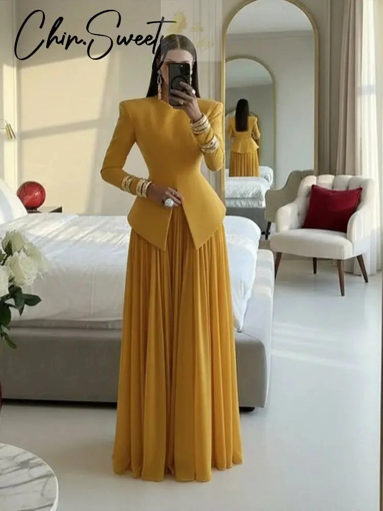Elegant Solid Women's Blazer Suit Split Coats Chiffon Skirt Lady Set LADYLYS