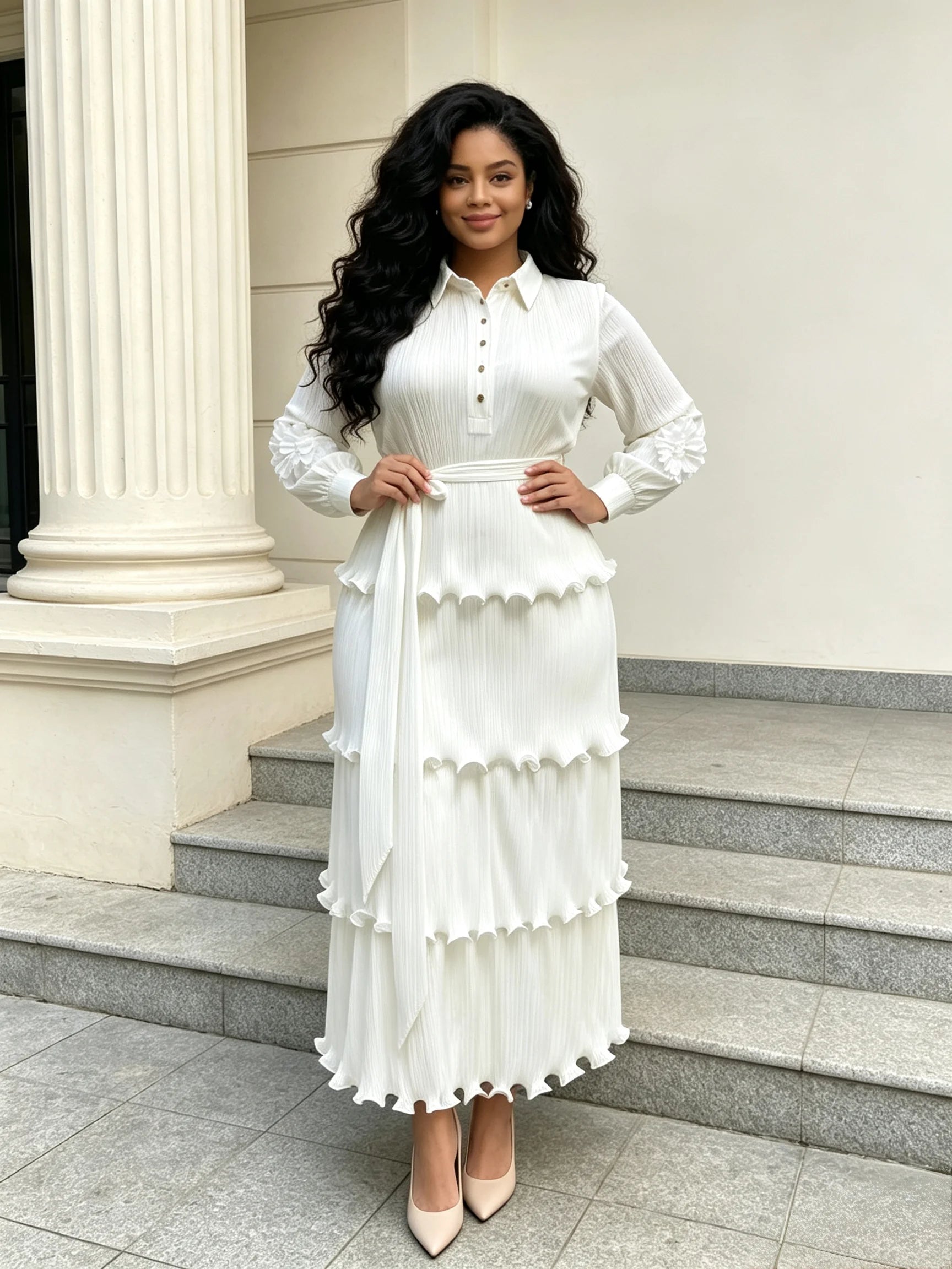 Women's Miyake Pleated Tiered Maxi Dress – Petal Sleeve Belted Long Dress | Elegant African Style