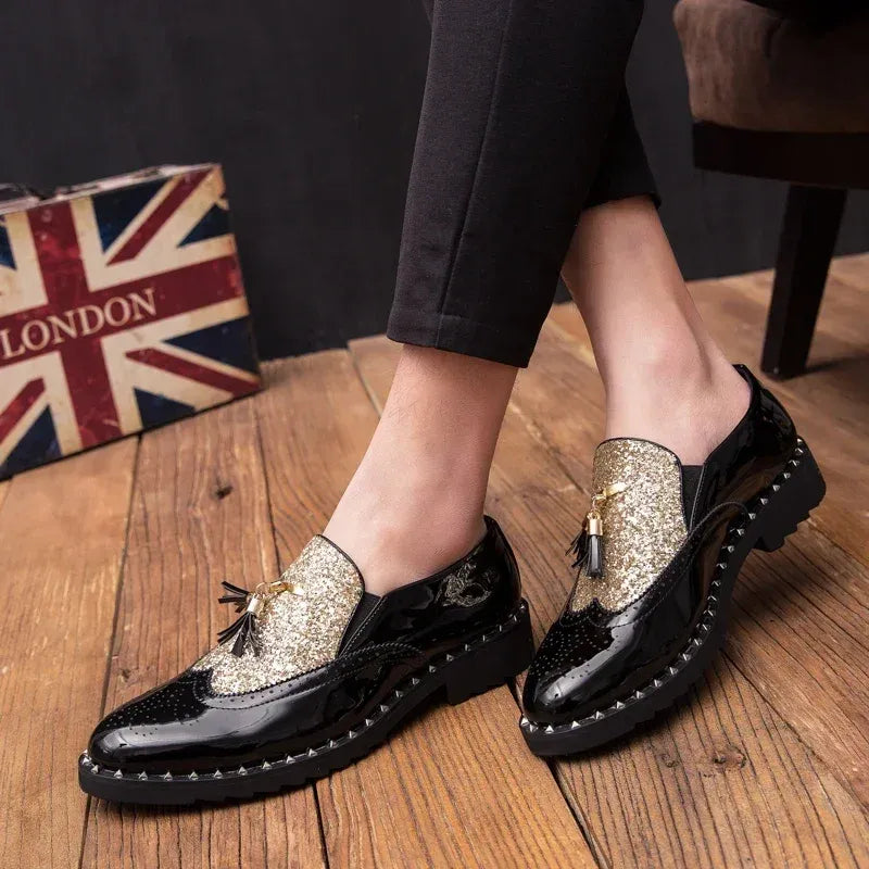 Men's Sequin Loafers in Black & Black Gold