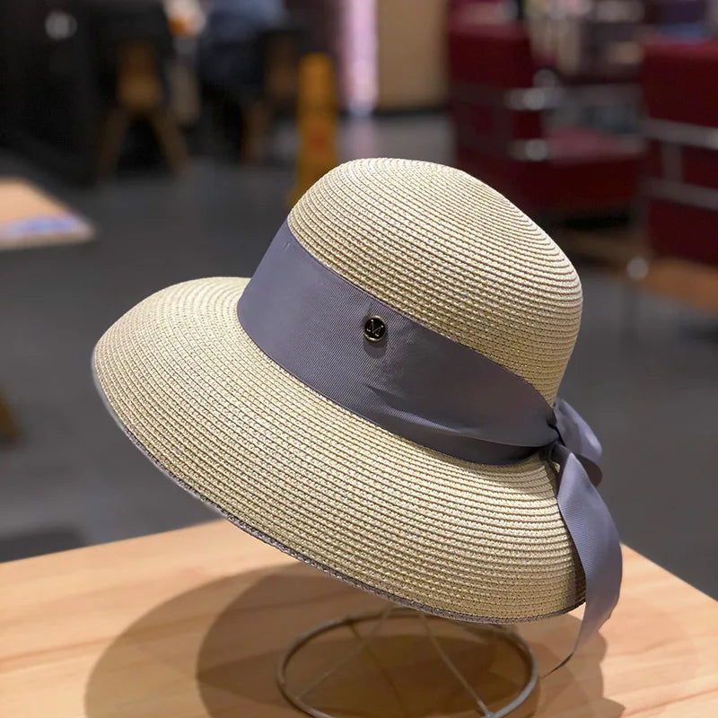 hood Hepburn wind big brim straw hat female summer sunscreen basin hat French beach holiday sunshade hat LADYLYS