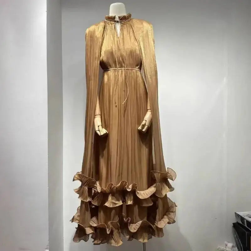 Women's V-Neck Cape Sleeve Maxi Dress – Ruffle Edge, A-Line Floor-Length