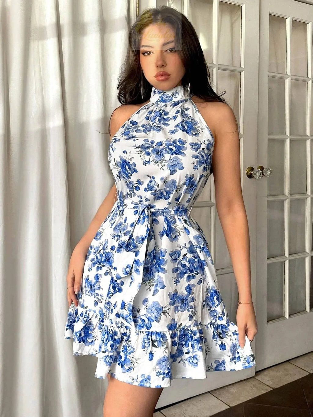 Elegant Floral Print Sleeveless Dress with Ruffle Hem LADYLYS