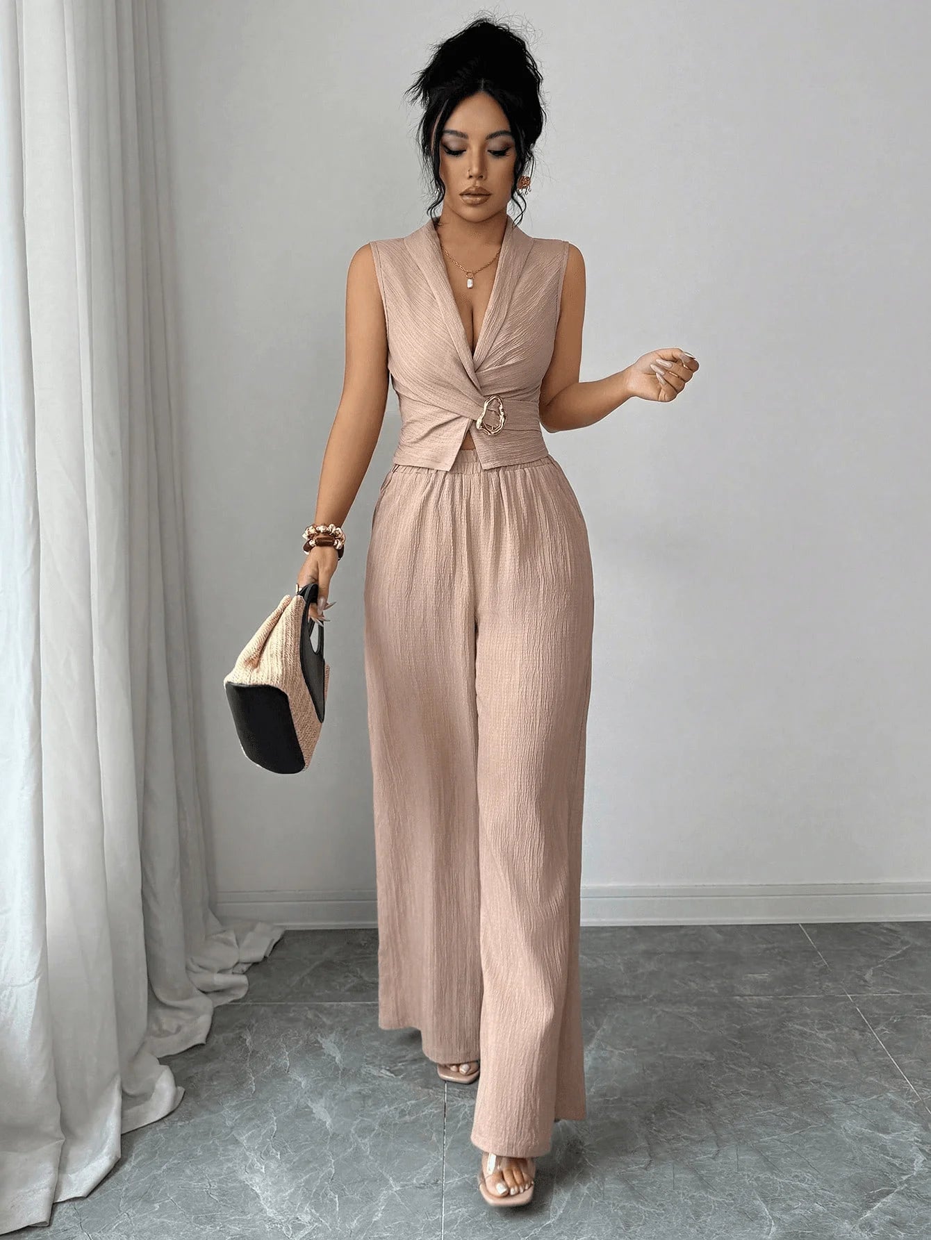 2 Piece Outfits Summer Sleeveless Wrap V Neck Crop Top Wide Leg Pants LADYLYS