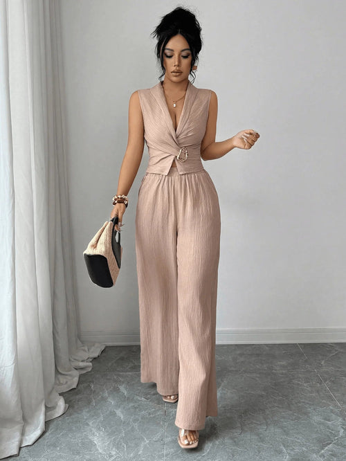 2 Piece Outfits Summer Sleeveless Wrap V Neck Crop Top Wide Leg Pants LADYLYS