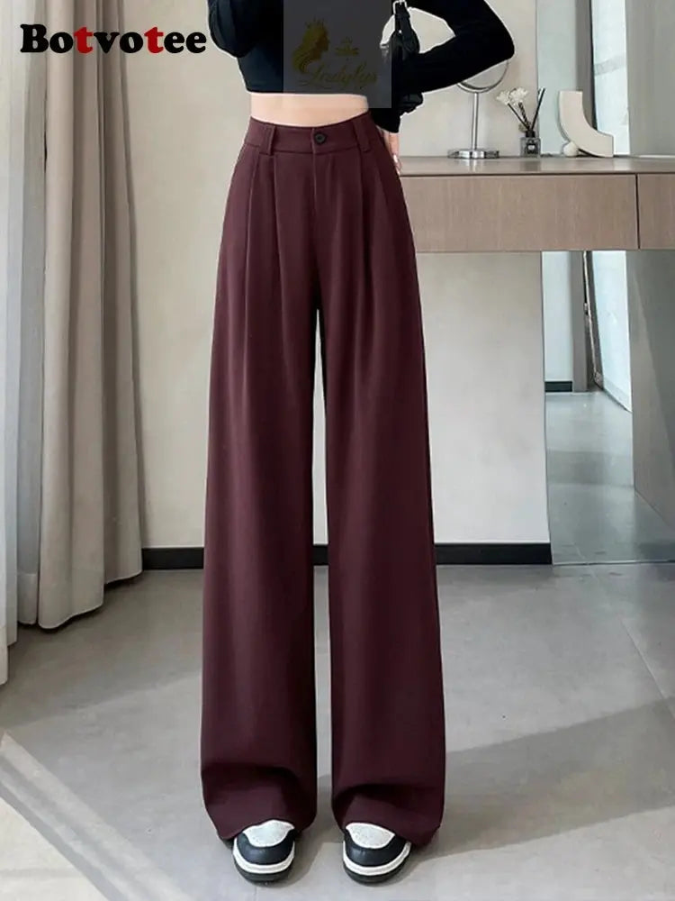 Botvotee Burgundy Suits Pants for Women Office Lady Elegant High Waist Wide Leg LADYLYS