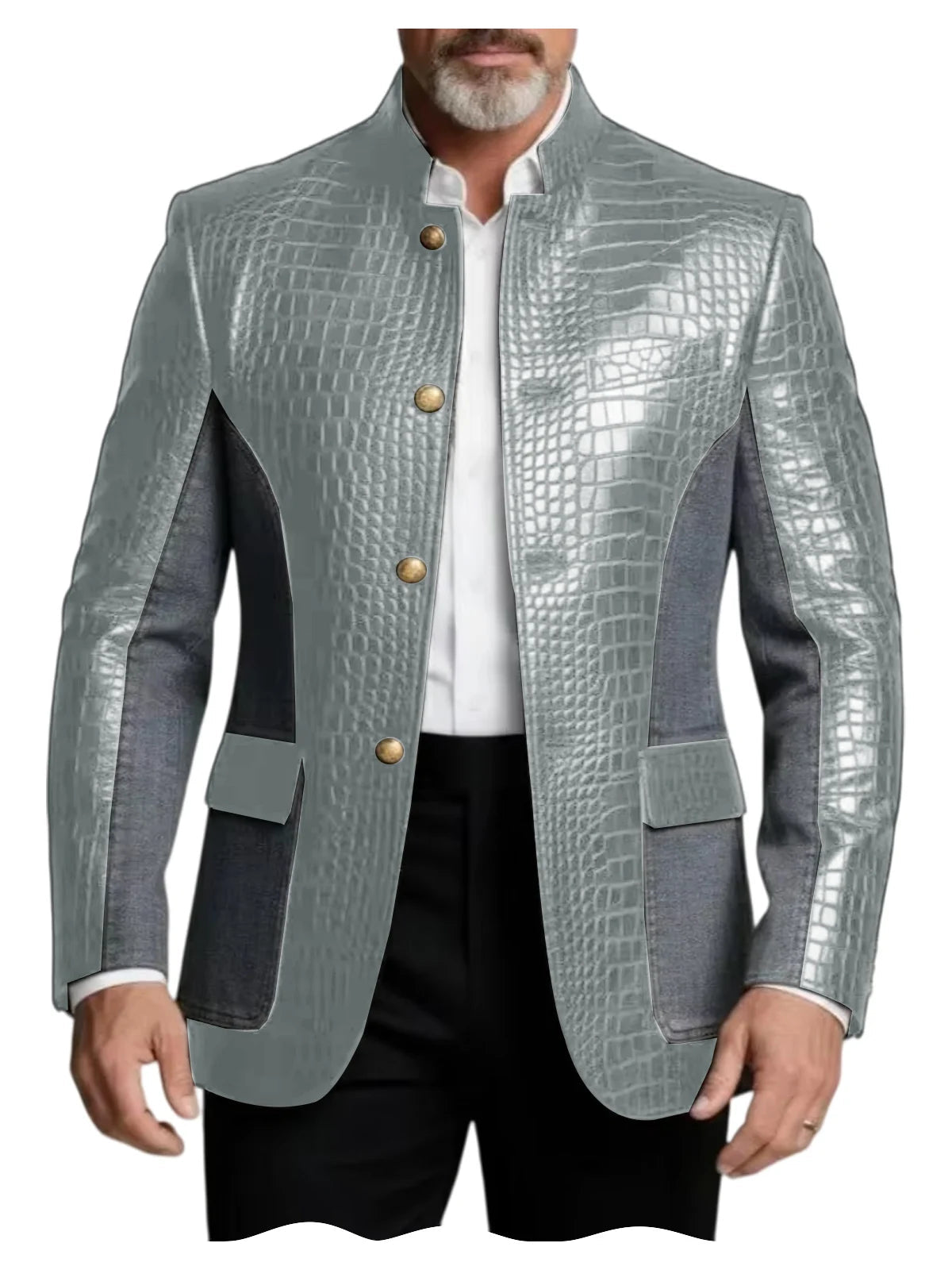 Men's Crocodile Embossed Leather Brown Jacket Patchwork Denim Luxury PU LADYLYS