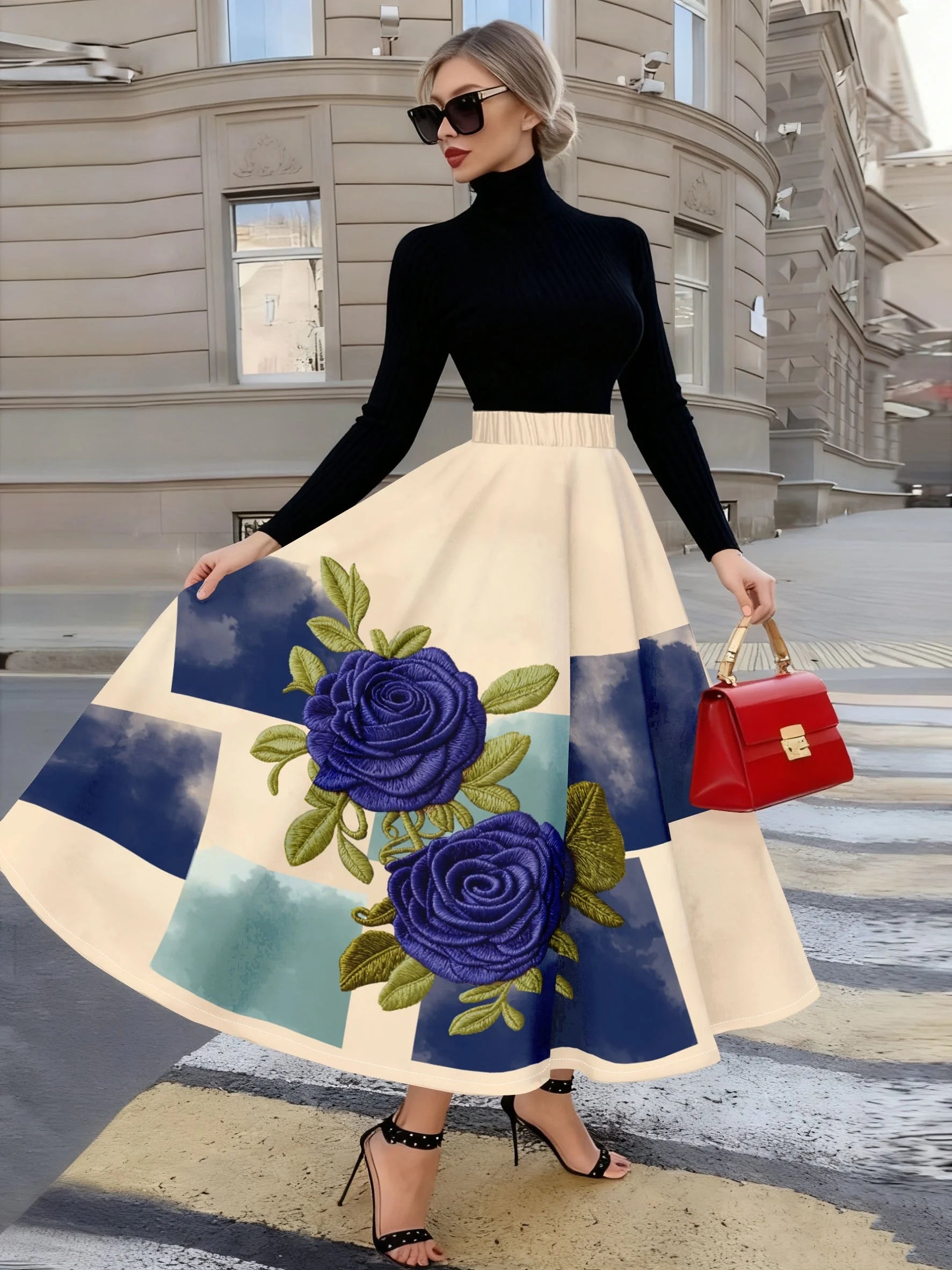 Elegant Women Midi Skirt with Rose Embroidery and Floral Print LADYLYS
