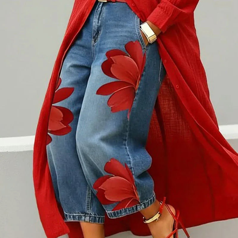 Women's Chic Printed Patchwork Straight Trousers | Loose Office Casual Pants