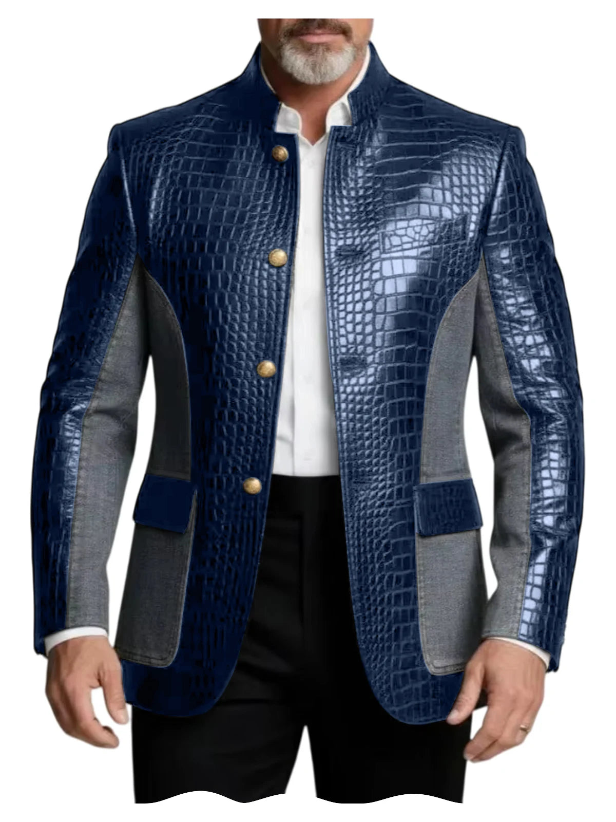 Men's Crocodile Embossed Leather Brown Jacket Patchwork Denim Luxury PU LADYLYS