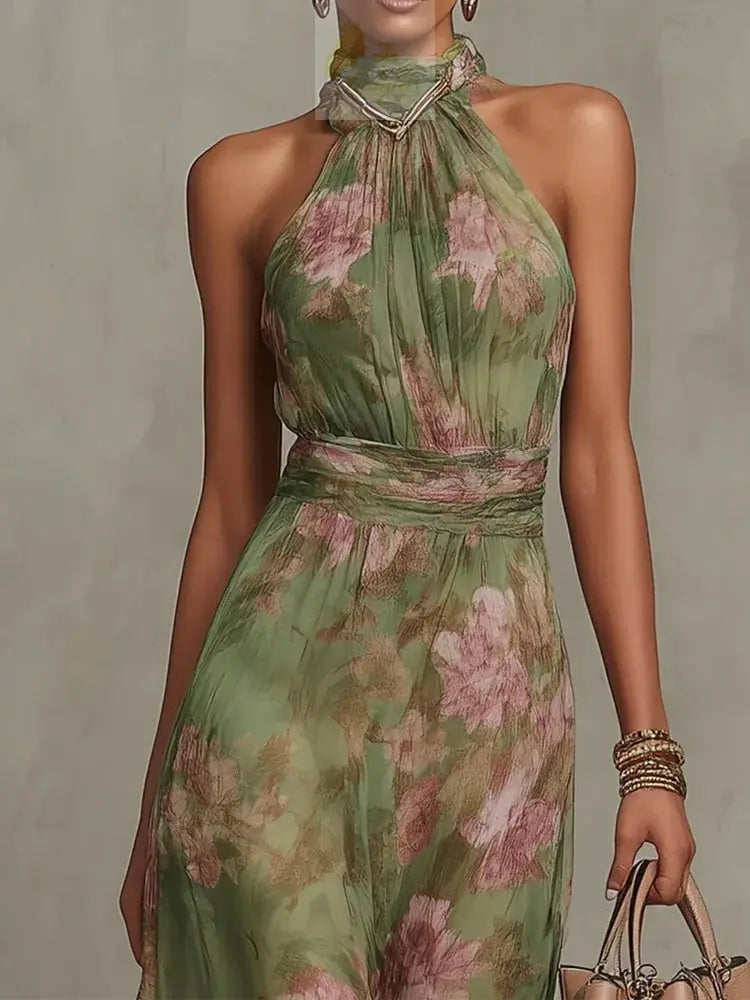 Sleeveless High Neck Ruched Waist Chiffon Flowy Evening Party Dress LADYLYS