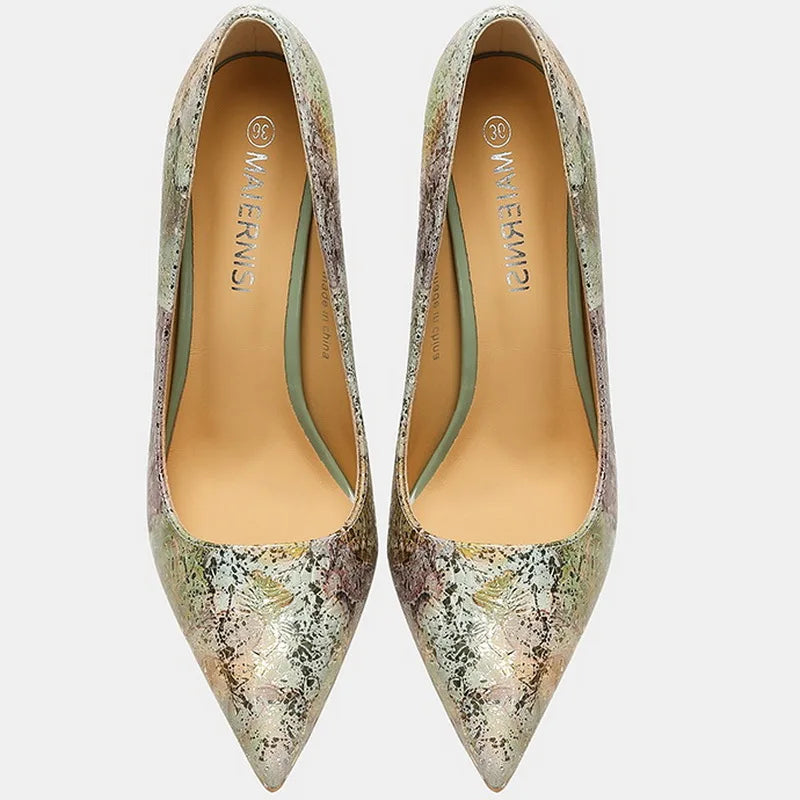 Women Cowhide High Heel Shoes Printed Leather Versatile Pumps LADYLYS