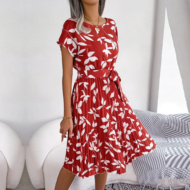 Summer Short Sleeve High Waist Chic Dress Fashion Floral Pleated A Line Long Dress LADYLYS