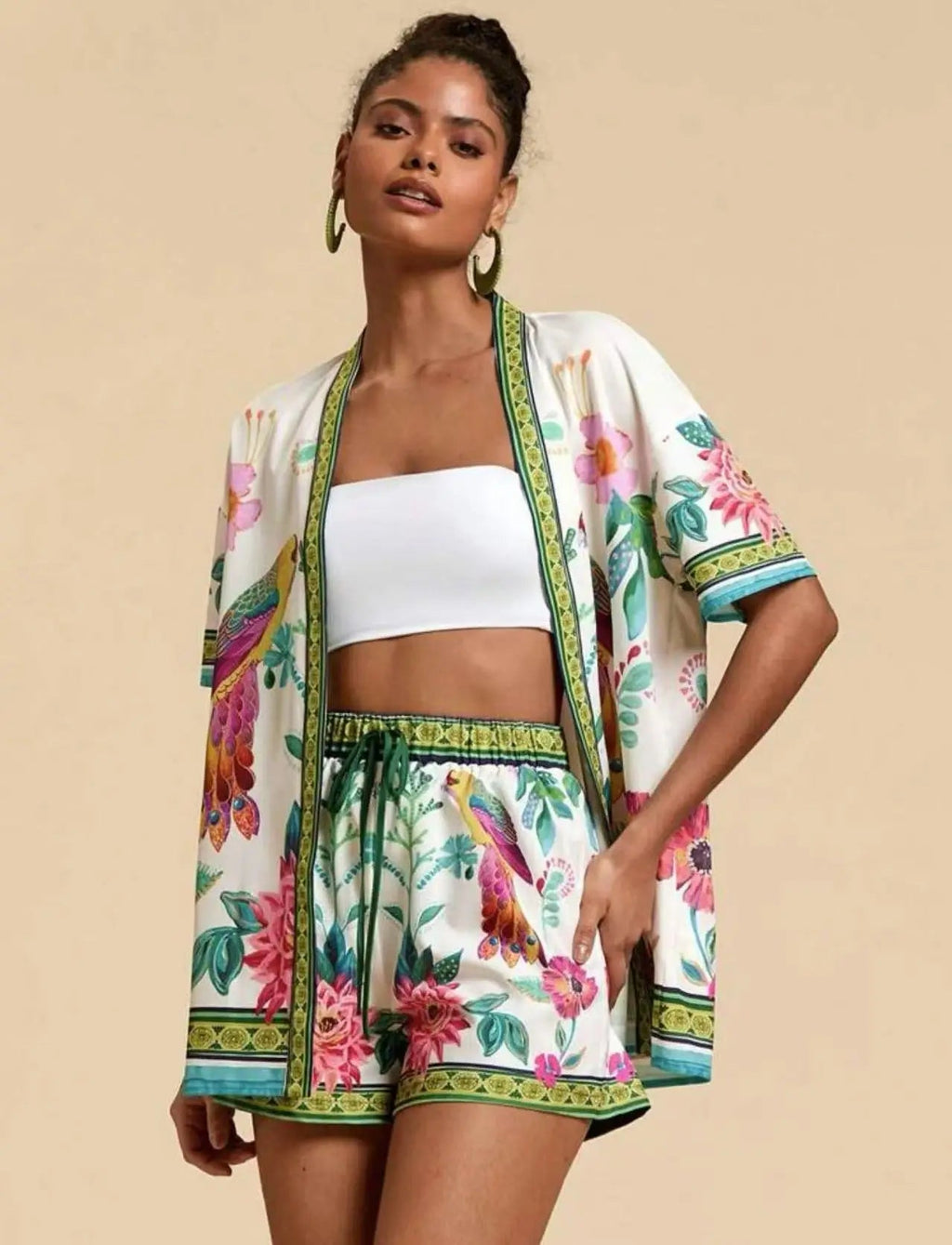 Casual Printed Cardigan Short-sleeved Top Shorts Two-piece Set LADYLYS