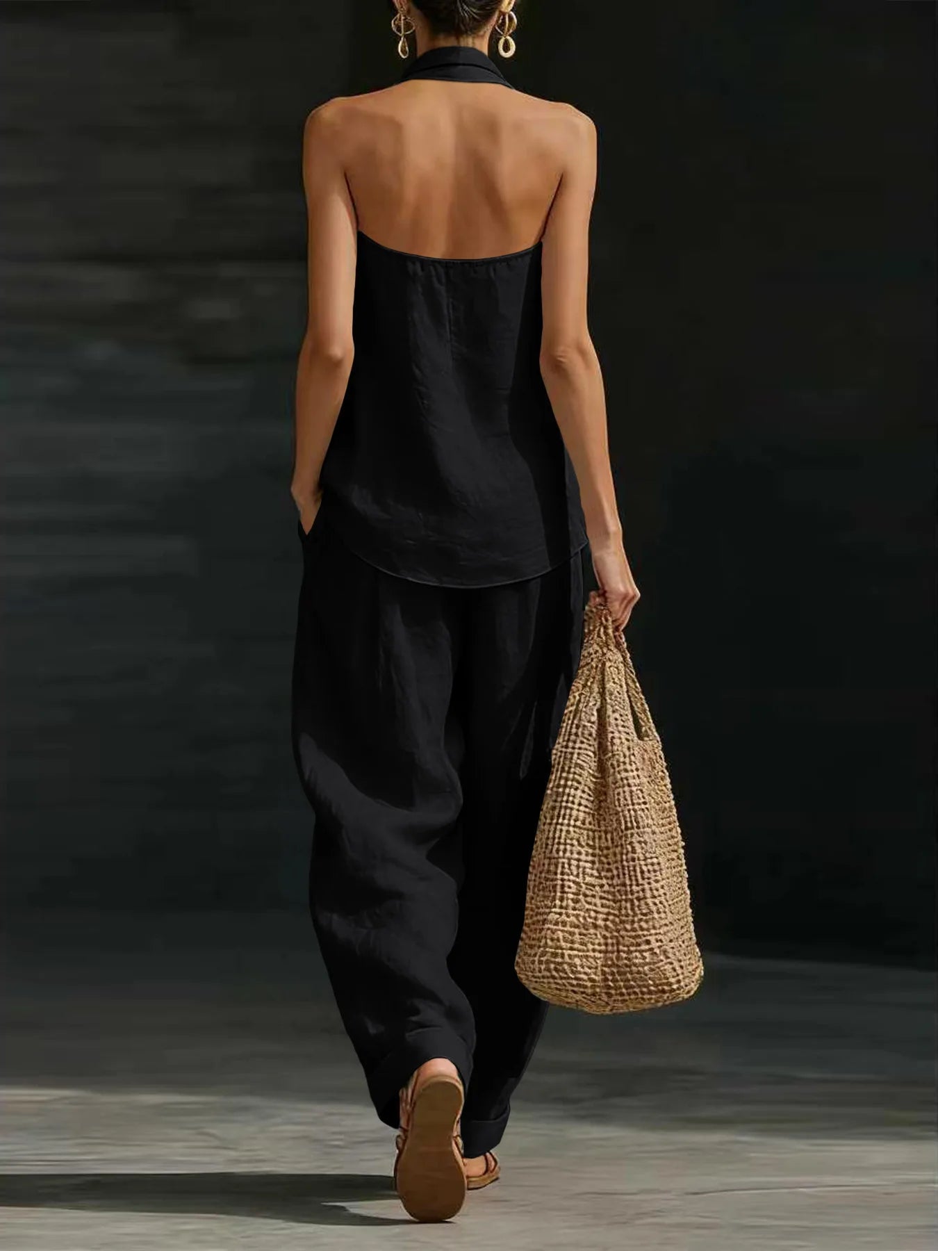 Women Linen 2 Piece Outfit Halter V Neck Sleeveless Tank Top Wide Leg Pants LADYLYS