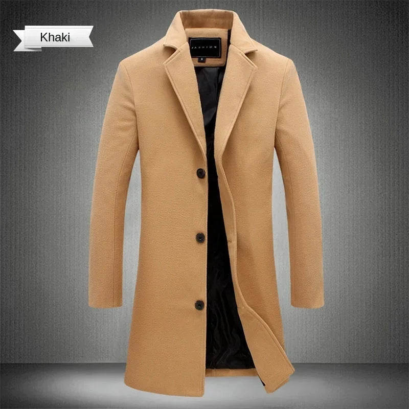 Long Cotton Coat New Wool Blend Pure Color Casual Business Fashion Men's Clothing LADYLYS