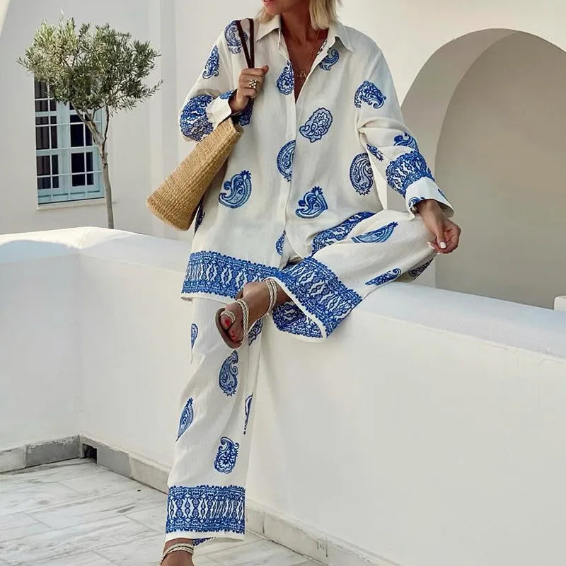 Summer Vacation Loose 2 Piece Sets Elegant Lady Long Sleeve Blouse Commute LADYLYS