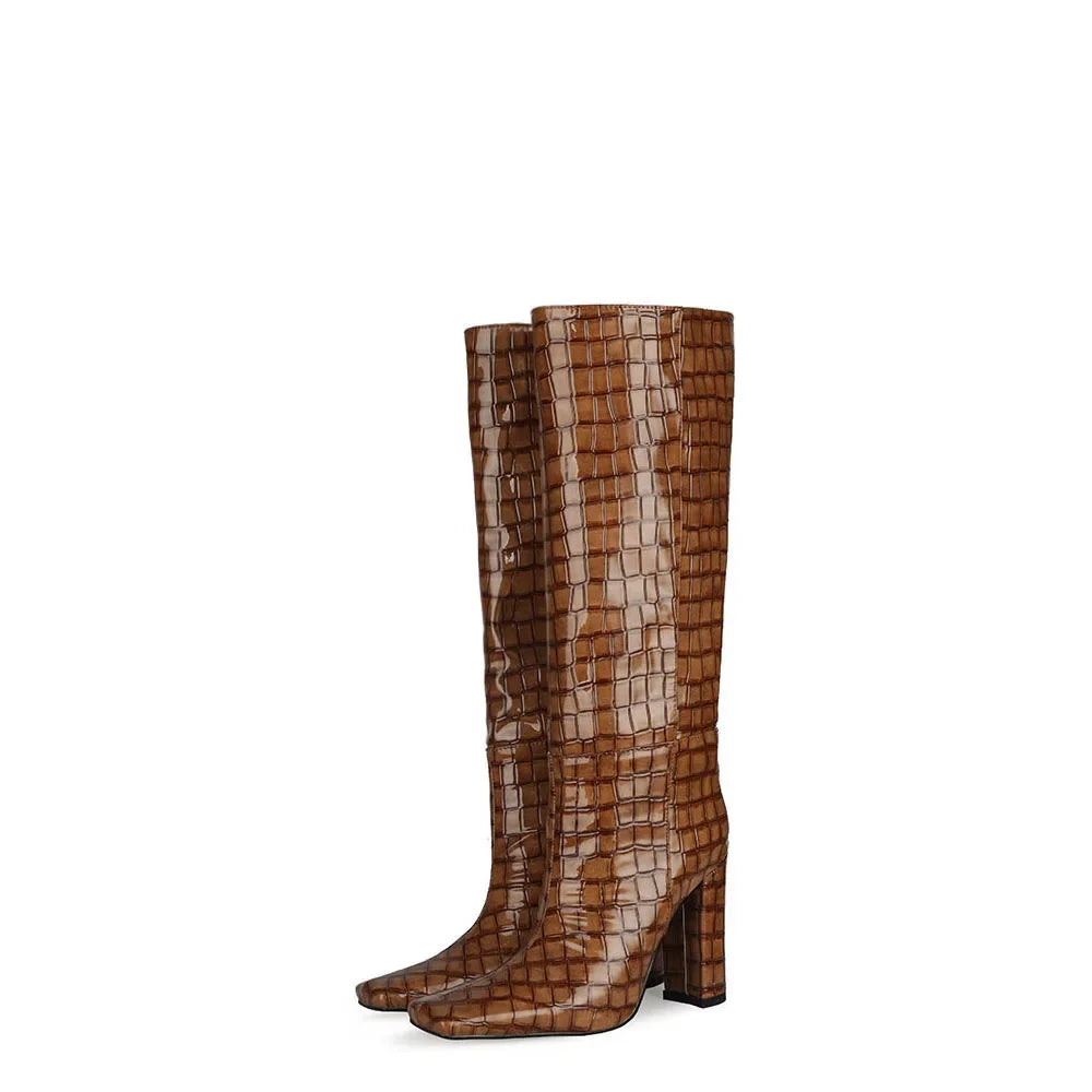 Women's Patent Leather Knee-High Boots – Thick Square Heel Slip-On Winter Boots in 21 Colours