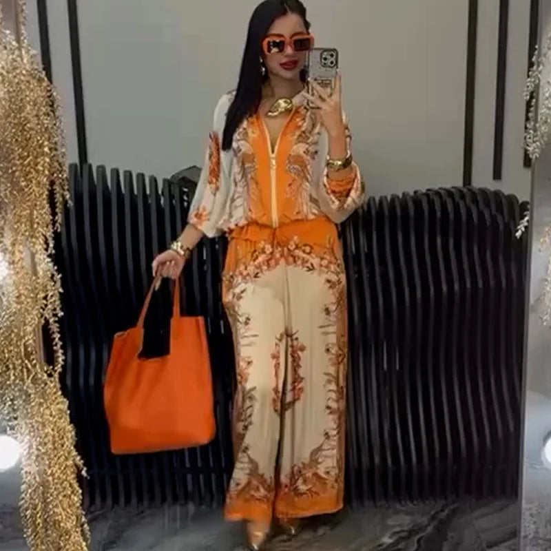 Printed Drawstring Trousers 2-Piece Set – Zipper Top & Wide-Leg Pants Outfit