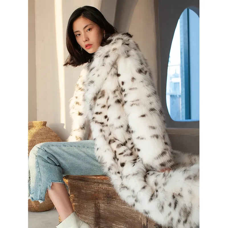 Women's Long Leopard-Print Fur-Look Winter Coat