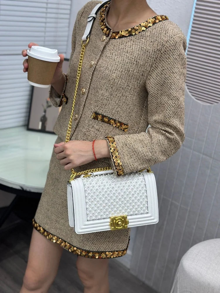 Luxury Designer Inlaid Pearls Lattice Embroidery Women's Shoulder Bag Fashion High-end Handbags Small Square Bag Versatile Purse LADYLYS
