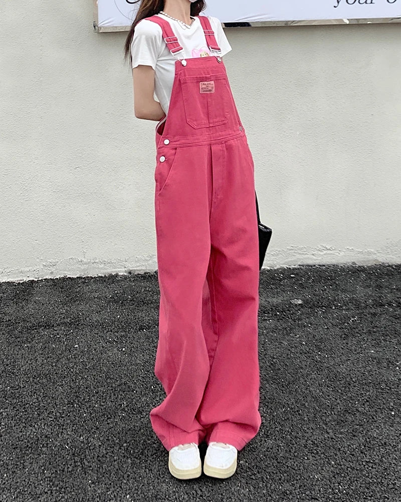 Summer Style loose Girls Pink wide leg trousers jumpsuit denim overalls LADYLYS