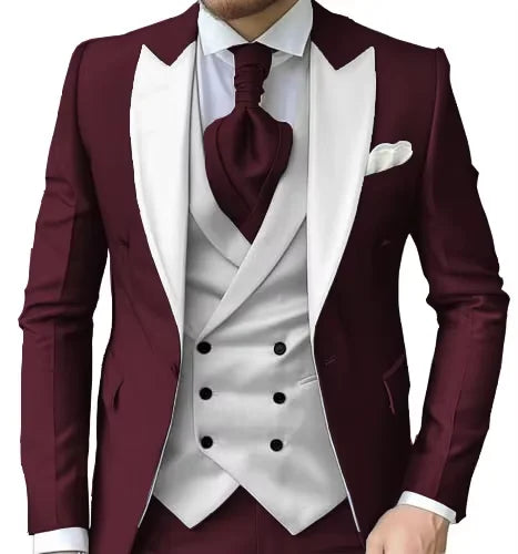 Men's Slim-Fit Three-Piece Suit with Peak Lapels