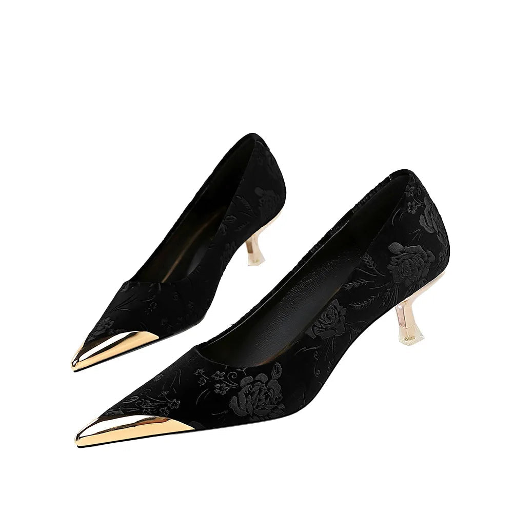 Vintage Suede Print 4cm High Heels Pumps Female Chic Metal Pointed Toe Elegant LADYLYS