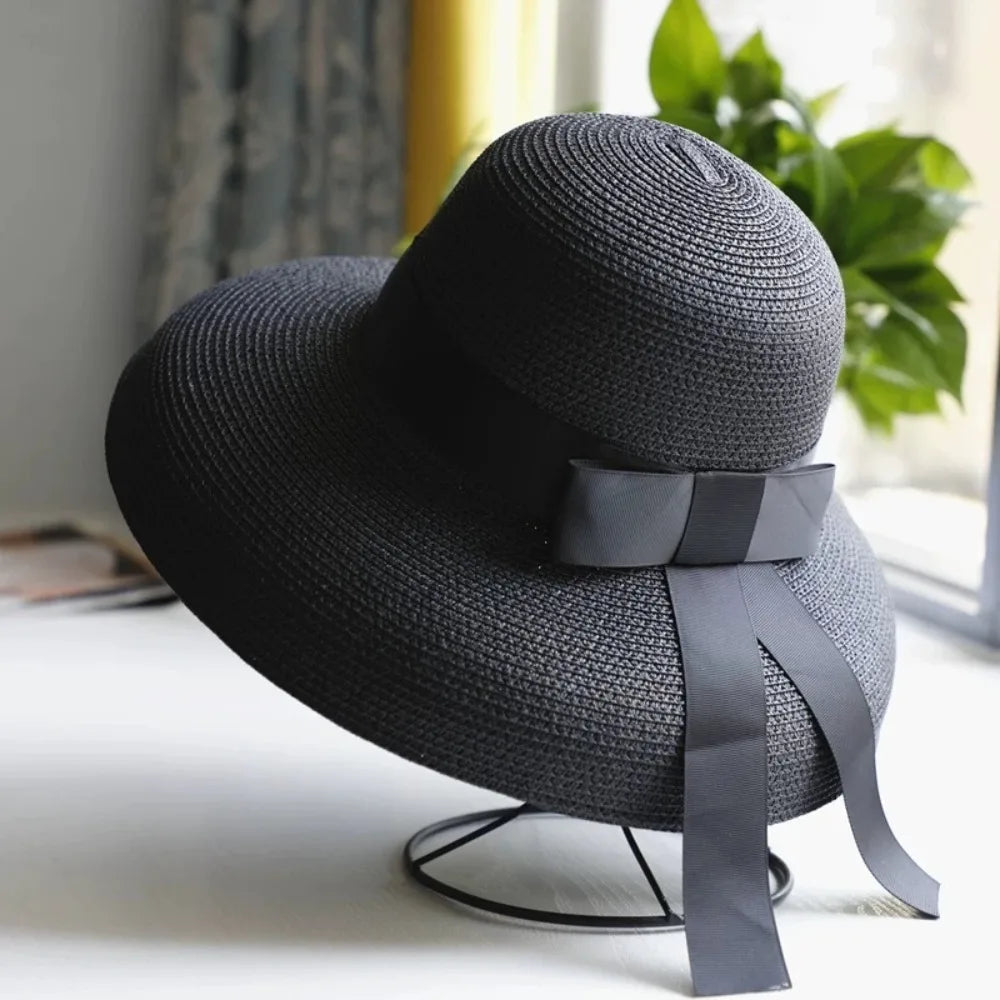 Vintage Breathable Straw Hat Black Ribbon Large Brim Sunshade Hat UV Protection Sun Hat Women LADYLYS