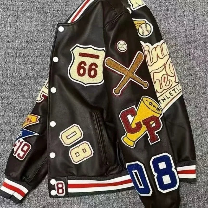 Men's Embroidered Varsity Bomber Jacket — PU Leather Baseball Coat | Unisex Streetwear