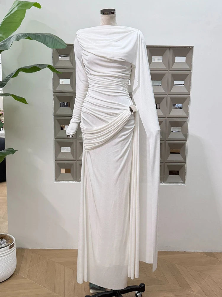 Slash Neck Long Sleeve Slim Midi Dress – Ribbon Waist Elegant Evening Wear